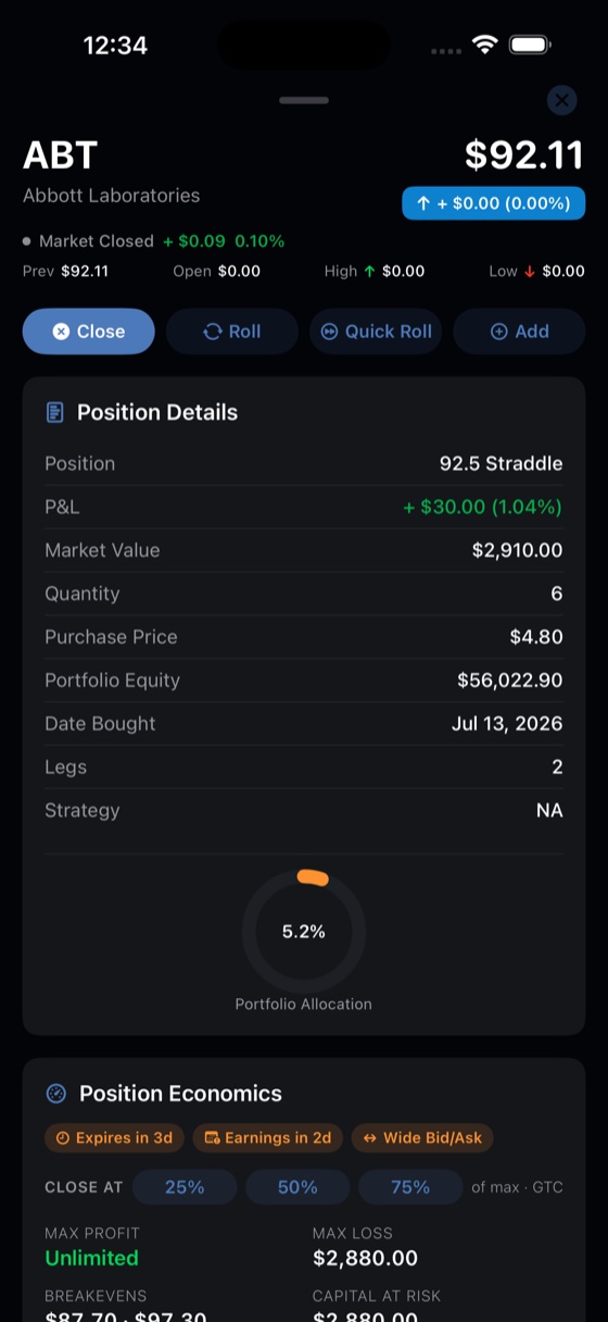 Position detail with one-tap Roll and Quick Roll in Spreadable dark mode