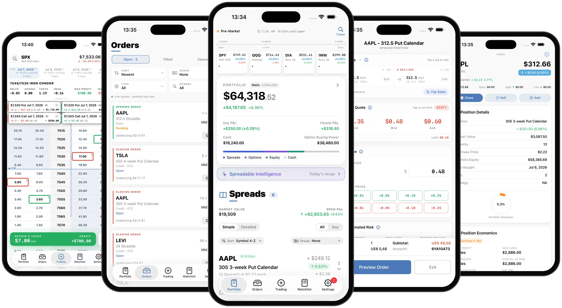 Spreadable trading app on iPhone 17 — option chain spread builder, portfolio, and position detail