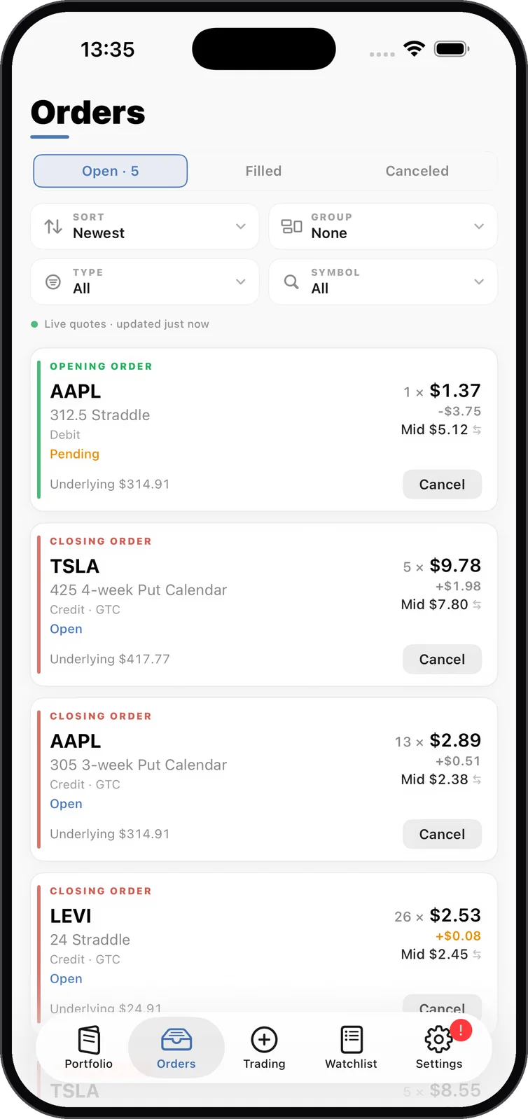 Open orders list in Spreadable, powered by Tradier, on iPhone 17