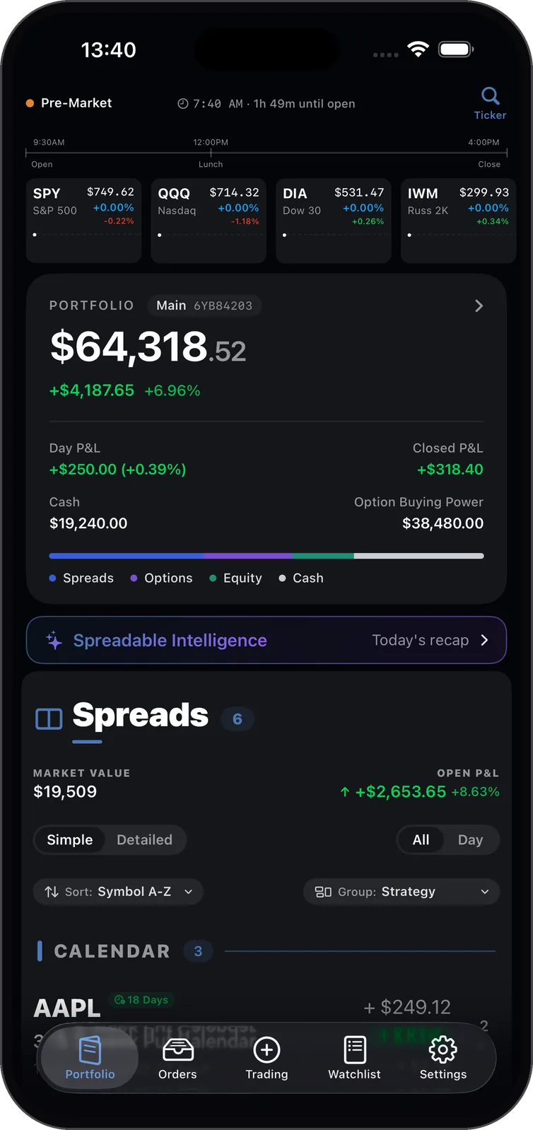 Spreadable portfolio in dark mode on iPhone 17