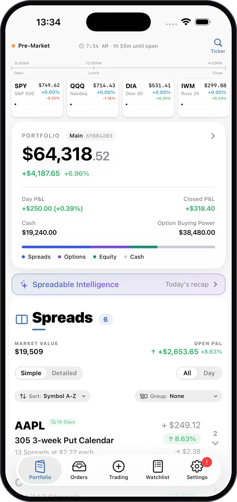 Spreadable portfolio on iPhone 17, powered by Tradier