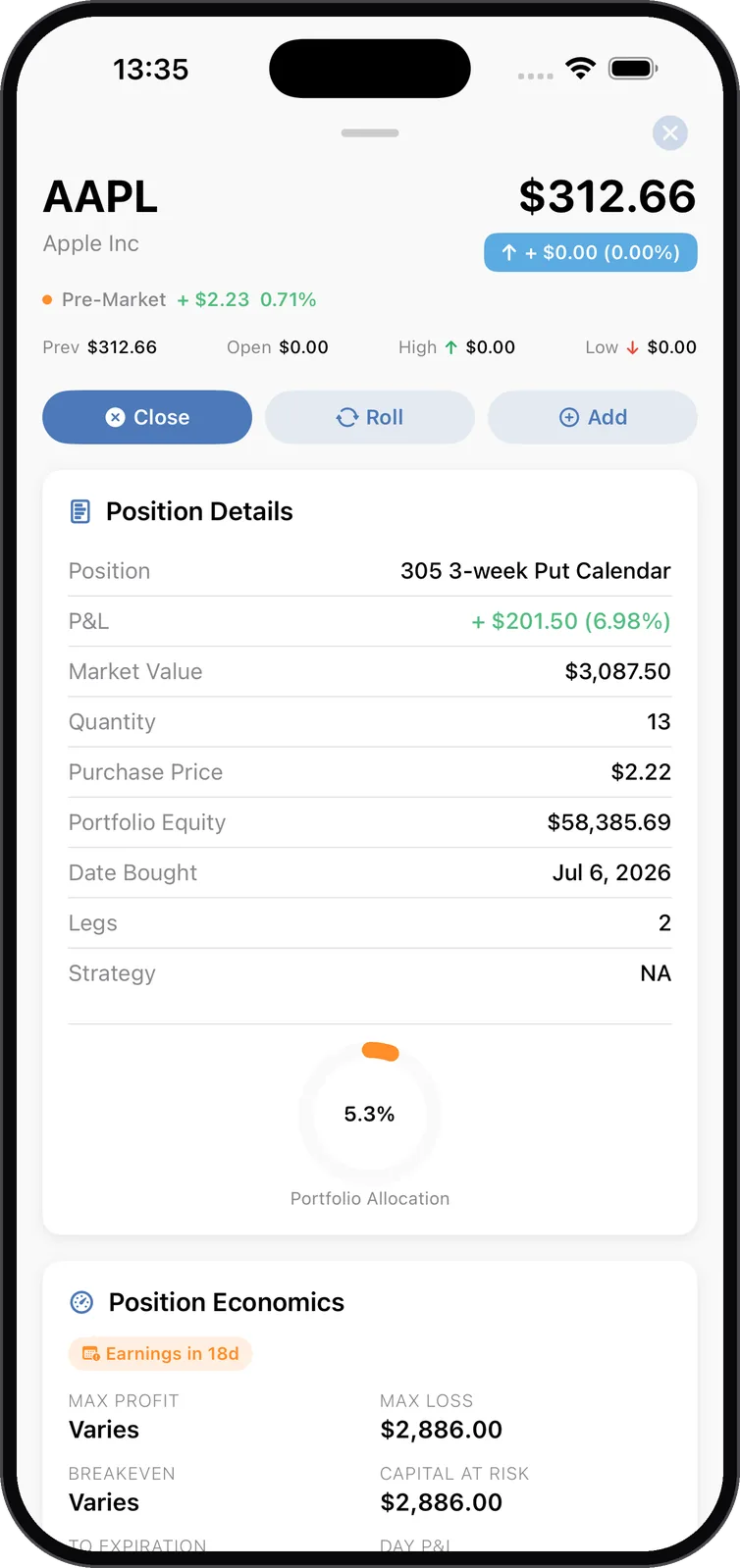 Position detail with P&L and earnings on iPhone 17